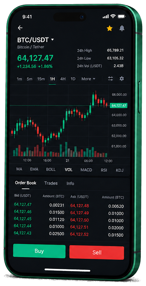 Application mobile Quarfina — graphique BTC/USDT en direct, carnet d’ordres et outils de trading